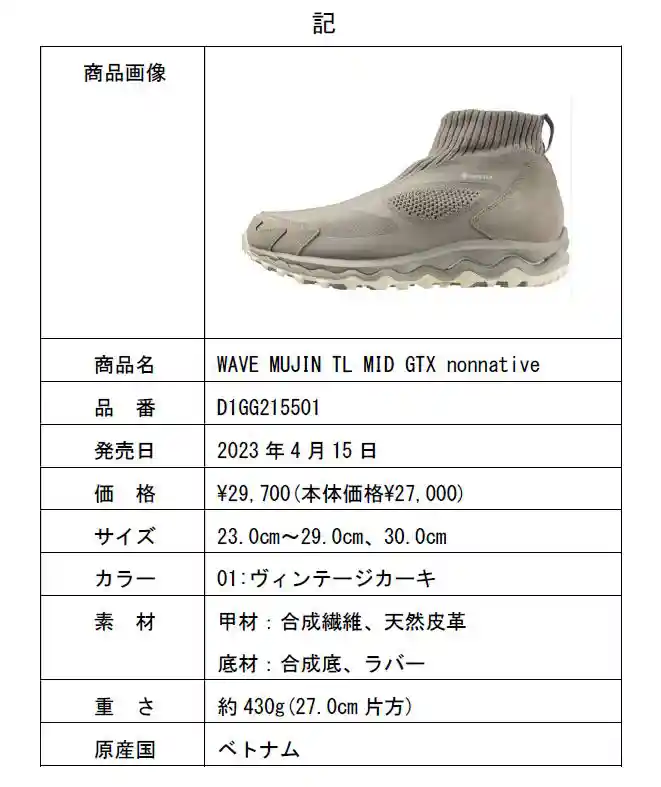 nonnative と MIZUNO の初のコラボレーション「WAVE MUJIN TL MID GTX